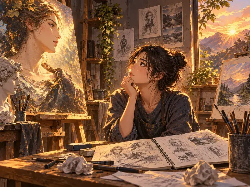 Young artist reflecting on her own skills after seeing a masterful painting, symbolizing humility, self-awareness, learning, and personal growth