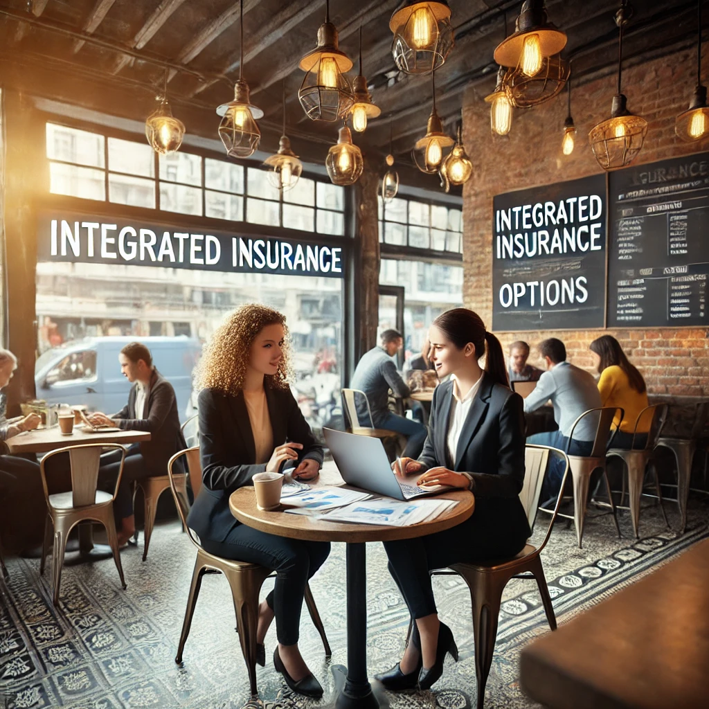 분주한 카페에서 두 명의 여성 사업가가 테이블에 앉아 통합 보험 옵션을 논의하는 모습. 노트북과 문서가 테이블 위에 놓여 있고&amp;#44; 카페는 벽돌 벽과 큰 창문이 있는 현대적인 디자인