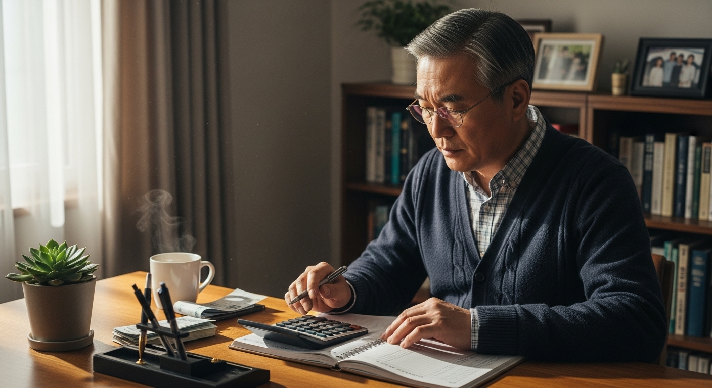 은퇴 준비를 위해 가계부를 작성하며 계산기를 두드리는 60대 남성