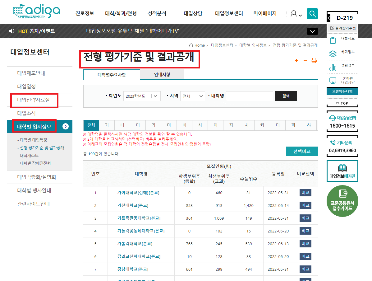 어디가 대입정보센터 조회화면 2