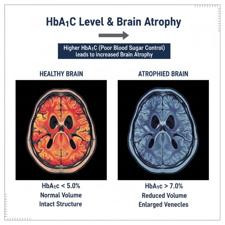 두 개의 뇌 MRI 스캔 이미지를 나란히 비교 배치. 왼쪽에는 건강한 뇌(당화혈색소 5.0% 미만, 풍성하고 큰 뇌 부피)를, 오른쪽에는 위축된 뇌(당화혈색소 7.0% 이상, 줄어든 뇌 부피와 확장된 뇌실)를 보여줌. 중앙 상단에는 당화혈색소 수치와 화살표로 상관관계를 표시. 전체적으로 의학적이고 진지한 톤으로 뇌위축의 심각성을 시각화한 비교 이미지