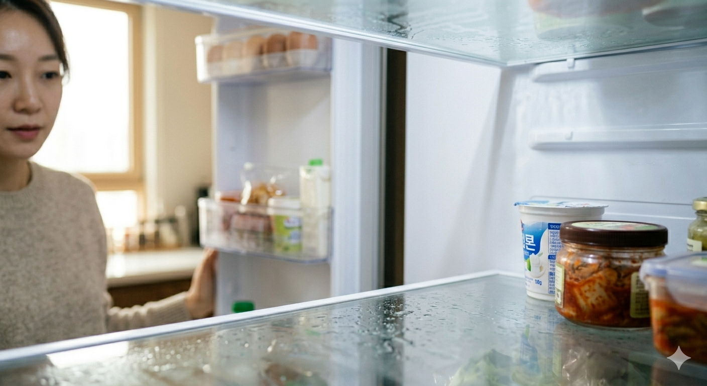 냉장고 내부 선반과 벽면에 닦아도 남아 있는 물기와 수분 흔적이 보이는 모습