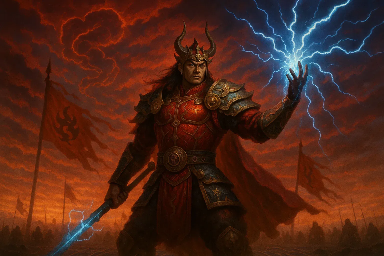 치우 천황의 위엄있는 모습과 혁신적 리더십을 상징하는 대표 이미지