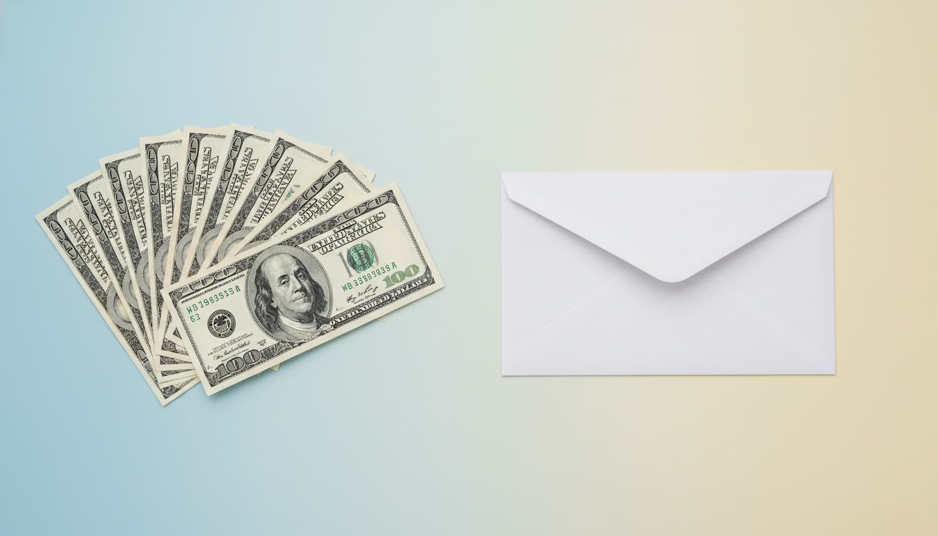 축의금 금액 결정에 참고할 수 있는 지폐와 깨끗한 흰색 봉투