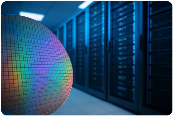 최첨단 반도체 웨이퍼와 데이터 서버 랙이 함께 배치된 장면