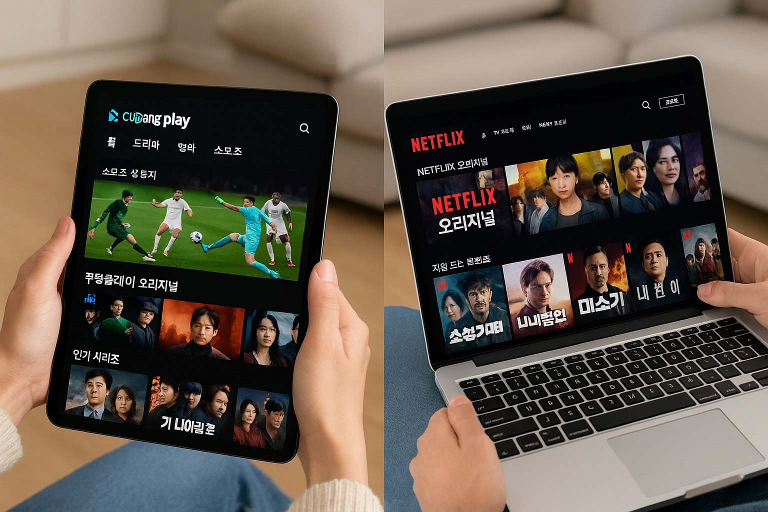 거실 소파에 앉아 노트북으로 쿠팡플레이와 넷플릭스를 비교 검색 중인 여성의 모습. 화면에는 가격과 혜택 비교표가 나타나 있음.