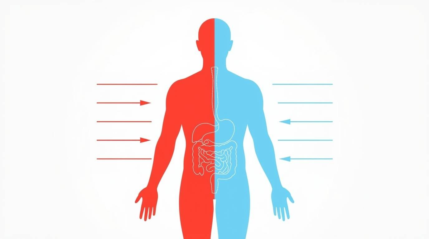 인체의 혈액순환을 보여주는 간단한 인포그래픽. 여름철 피부(밖)는 붉은색으로, 내장(안)은 푸른색으로 표시하여 '겉은 뜨겁고 속은 차가워지는' 원리를 시각적으로 보여주는 이미지
