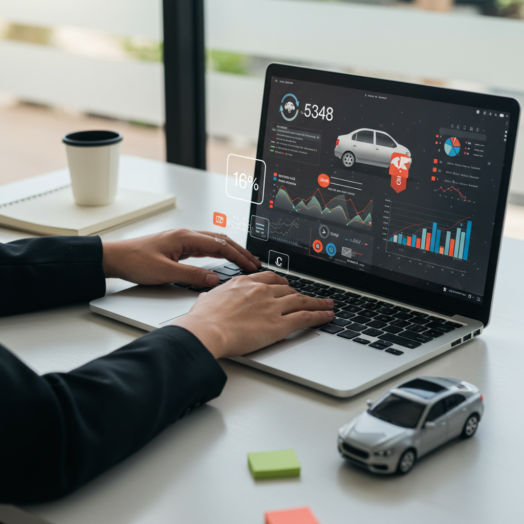 A person comparing car insurance policies on a laptop, with charts and discount icons on the screen, a car parked beside a desk, bright and professional atmosphere, flat lay view, modern style