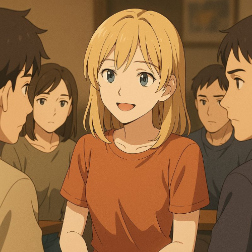 사람들 가운데서 웃으면서 이야기하는 여자와 긴장된 표정의 주변 사람들