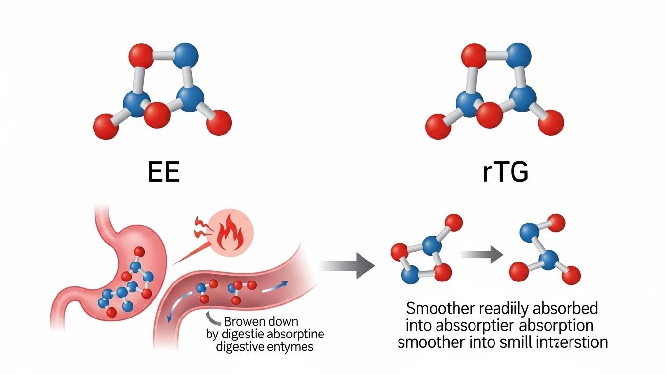 깨끗하고 미니멀리즘적인 과학적 삽화 또는 인포그래픽으로 오메가-3의 에틸 에스터(EE)와 rTG 형태의 차이점을 시각적으로 설명합니다.