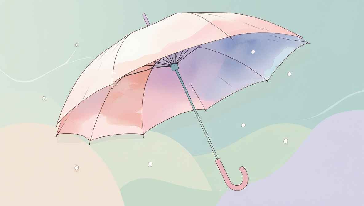 활짝 펼쳐진 예쁜 우산 일러스트. 파스텔 톤의 배경