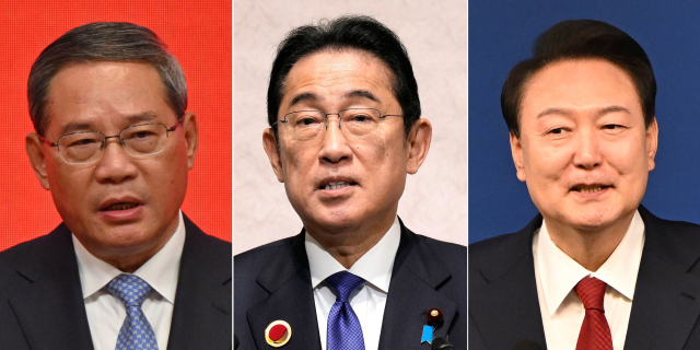 왼쪽부터 리창 중국 총리, 기시다 후미오 일본 총리, 윤석열 대통령.
