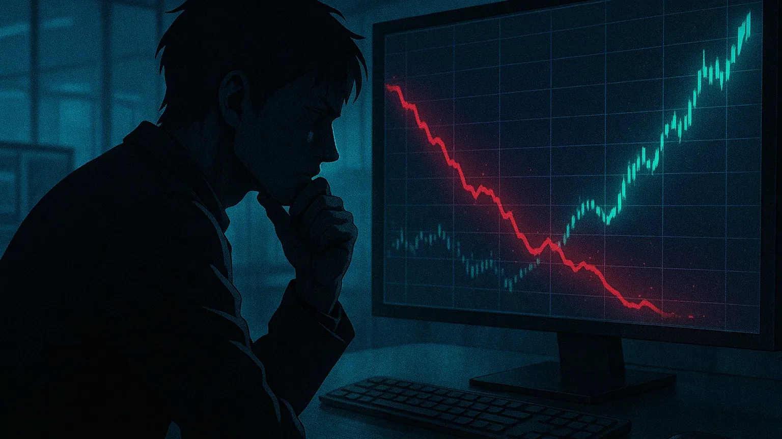 투자자가 차트를 보며 고민하는 모습과 함께 손실과 이익을 나타내는 그래프가 표시된 이미지