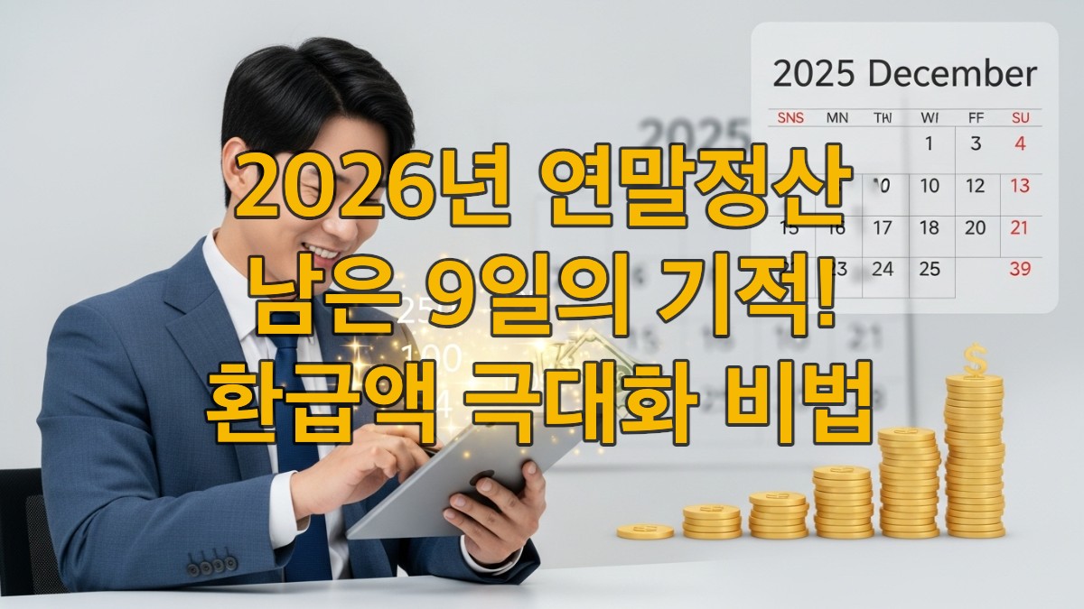 2026년 연말정산 환급액을 확인하며 기뻐하는 직장인, 계산기와 서류가 있는 책상 앞에 서 있다.