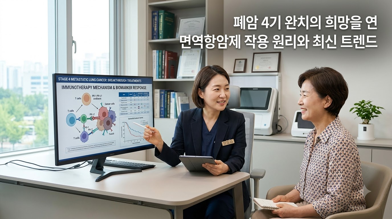 첨단 정밀 의료 진료 환경이 갖춰진 밝고 신뢰감 주는 진료실에서 종양내과 전문의와 환자가 밝은 표정으로 폐암 4기 면역항암제의 작용 원리 및 최신 치료 트렌드 차트를 함께 보며 차분하게 상의하고 있는 모습. '폐암 4기 완치의 희망을 연 면역항암제 작용 원리와 최신 트렌드'라는 문구가 적혀 있어, 면역항암제를 통한 폐암 4기 치료의 혁신과 희망을 시각화함.