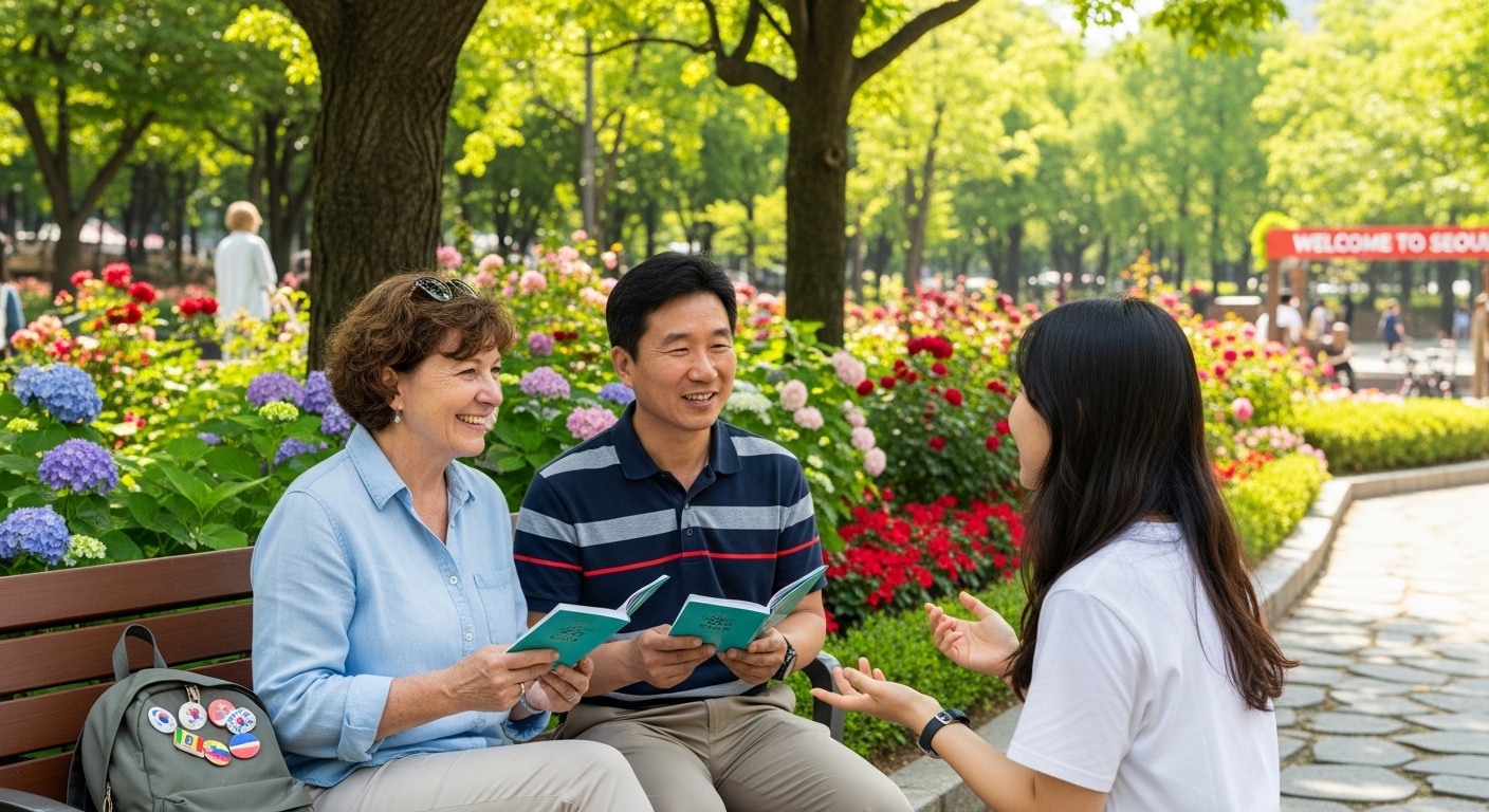 야외에서 외국어 회화를 즐겁게 배우고 있는 중년 학습자들의 모습