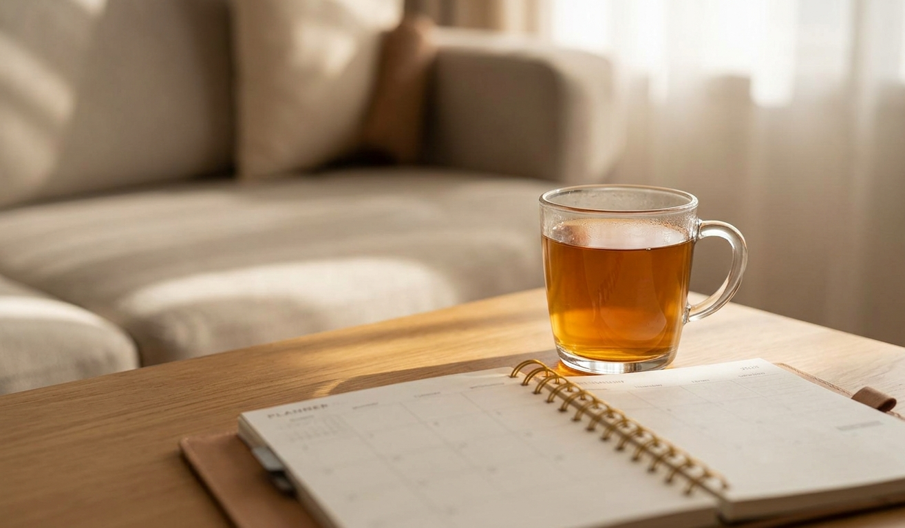 따뜻한 차와 플래너가 있는 안락한 거실