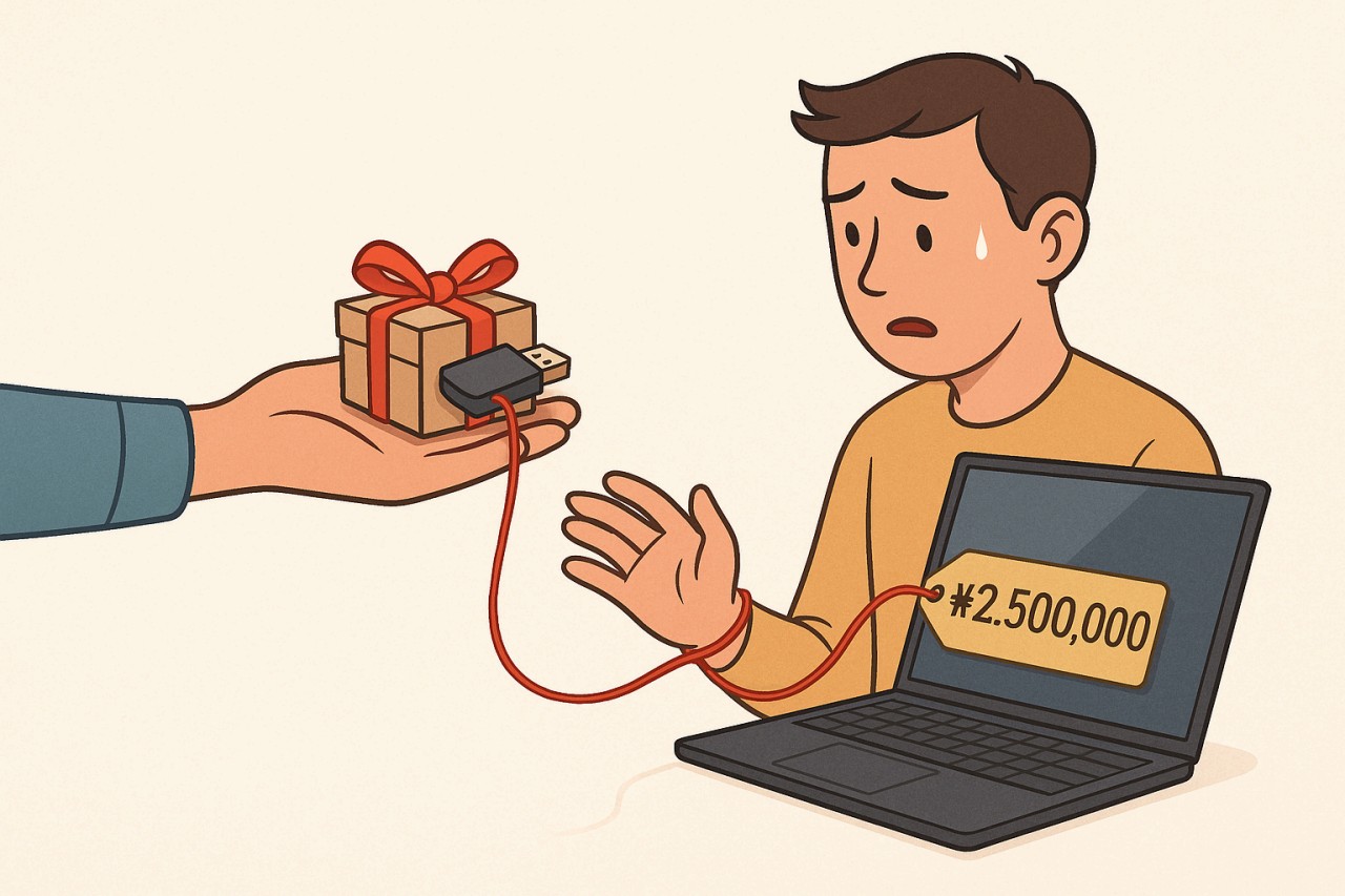 작은 USB 선물이 빨간 실로 고가의 노트북과 연결된 장면. 호의가 부담으로 이어지는 상황을 상징하는 일러스트
