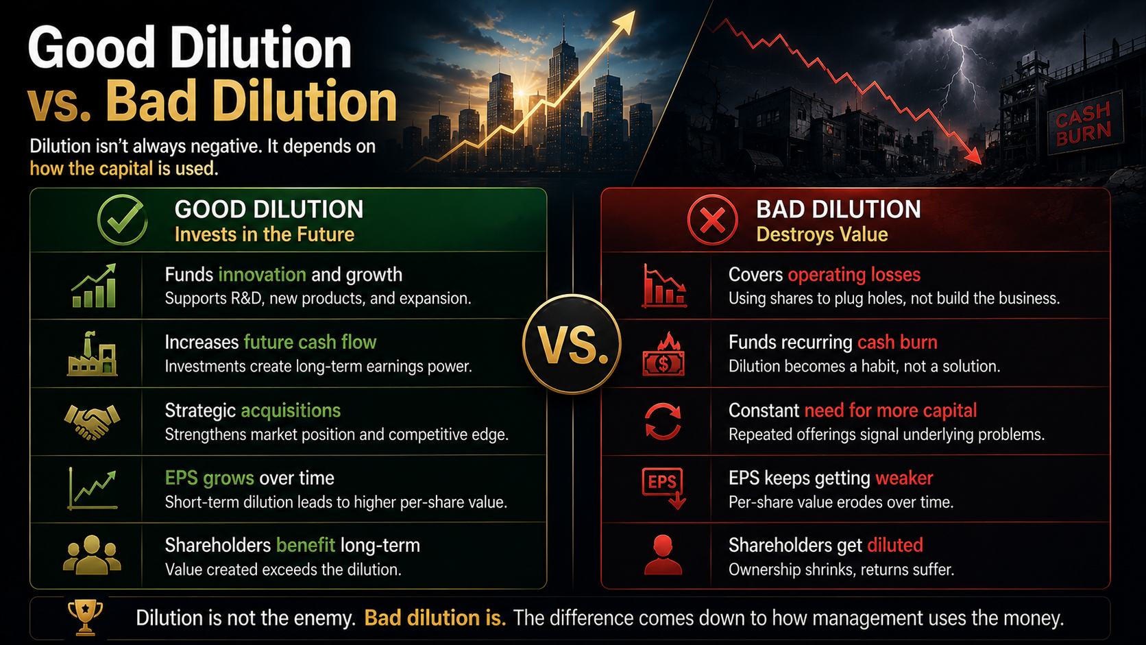 Comparison between good dilution and bad dilution based on capital allocation and long-term shareholder value.
