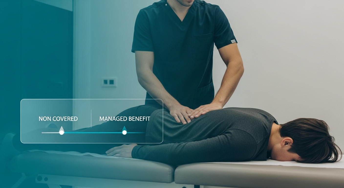 물리치료사가 환자에게 도수치료를 시행하고 있는 모습. 치료실은 깔끔하고 현대적이며, 치료사와 환자 모두 진지한 표정이다.