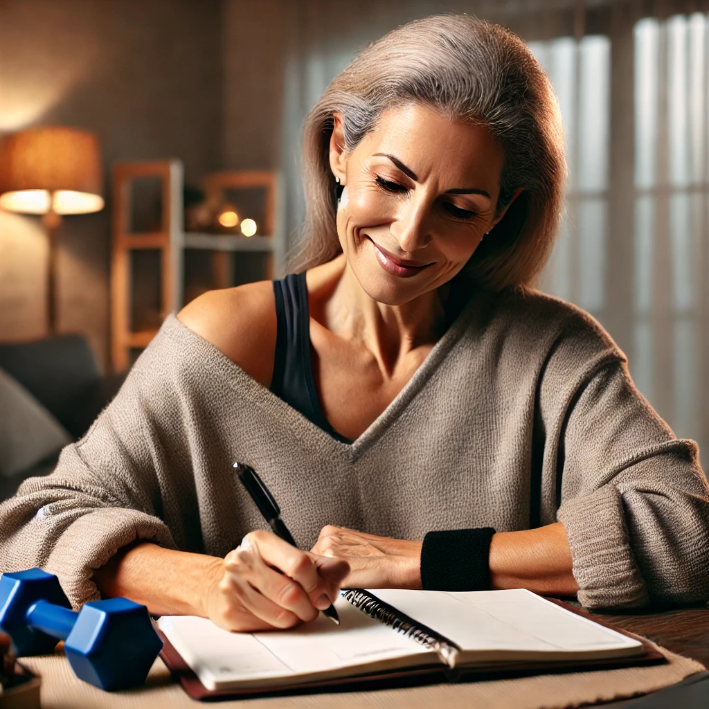 운동 일지를 기록하는 중년의 모습