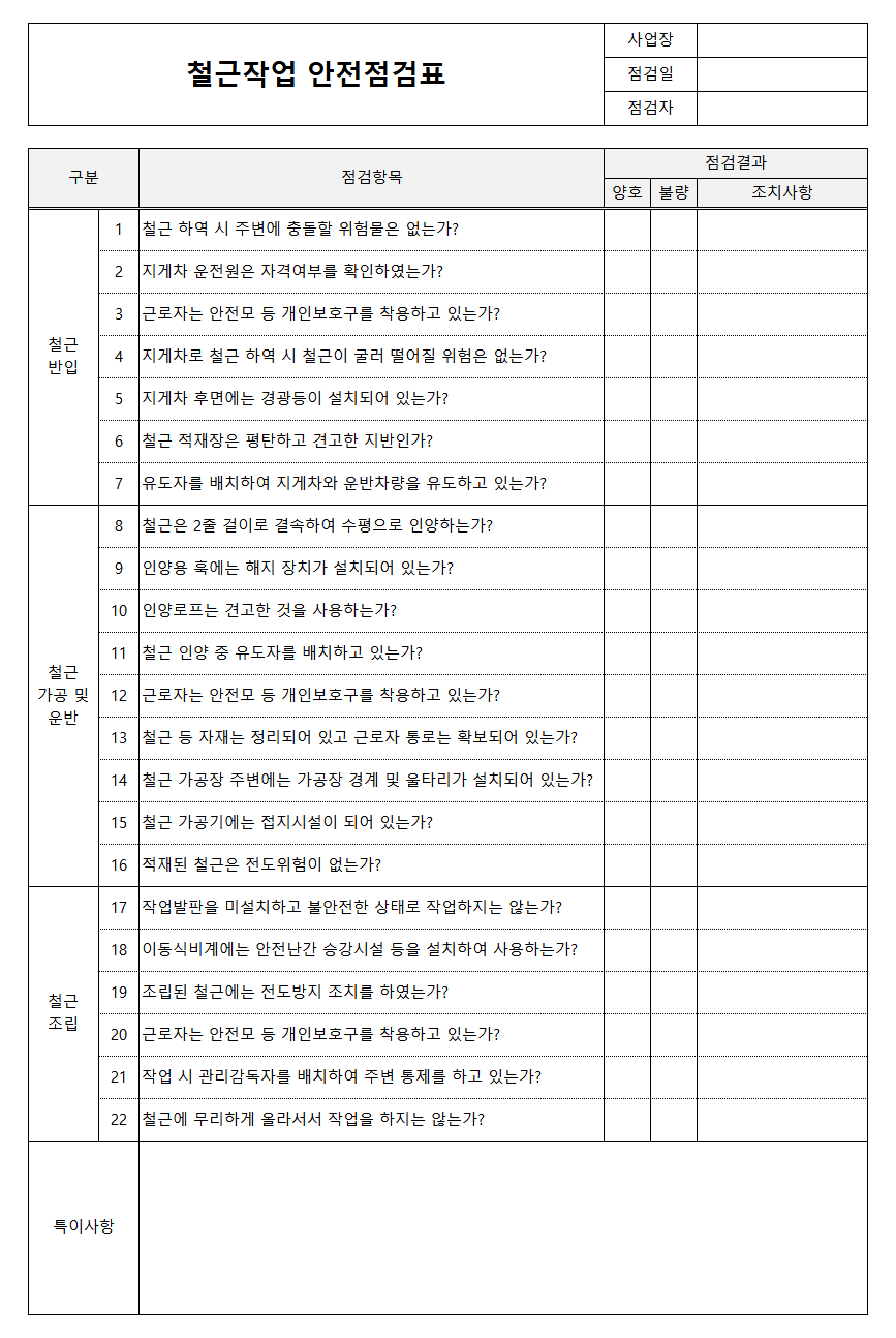 철근작업 안전점검표