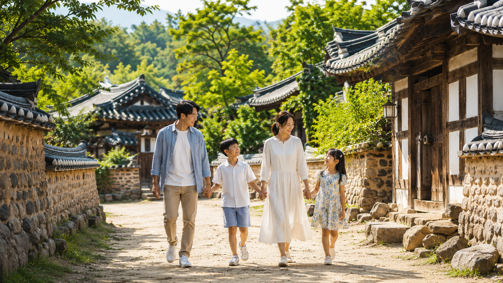 전통 한옥과 초록 풍경을 배경으로 한국민속촌을 둘러보는 가족 여행객의 모습