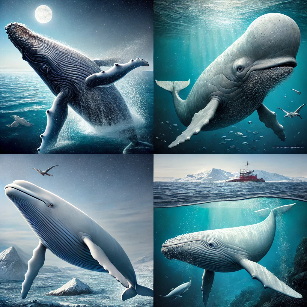 혹등고래, 향고래, 벨루가, 보리고래가 포함된 이미지