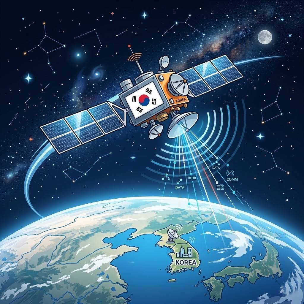 태극기가 그려진 인공위성이 궤도를 돌며 데이터를 전송하는 모습을 담은 벡터 일러스트