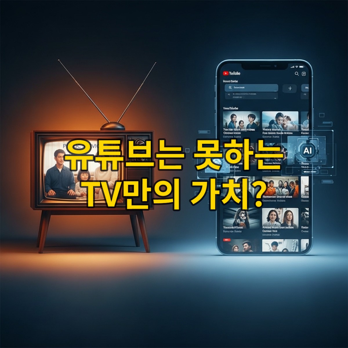 구형 TV가 가족 시청 경험과 공공 정보를 보여주고, 스마트폰은 개인화된 유튜브 콘텐츠를 보여주는 대조적인 이미지.