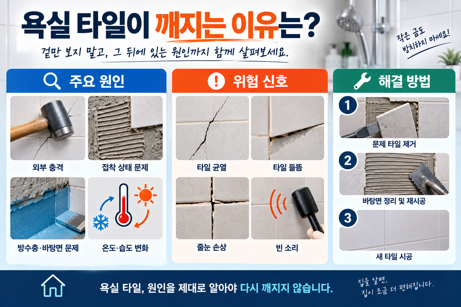 욕실 벽타일 금간 이유와 타일 깨지는 원인 위험 신호 해결 방법