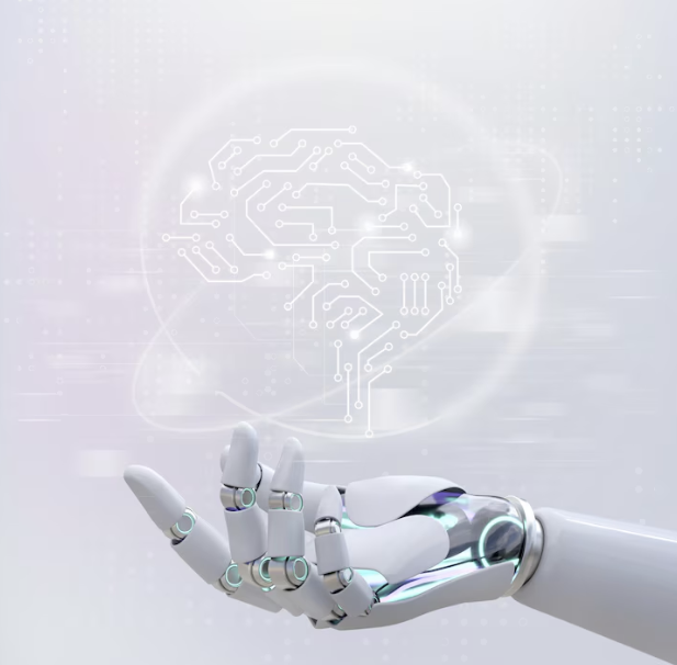 AI 로봇 손과 디지털 뇌 이미지가 결합된 미래형 인공지능 시각화