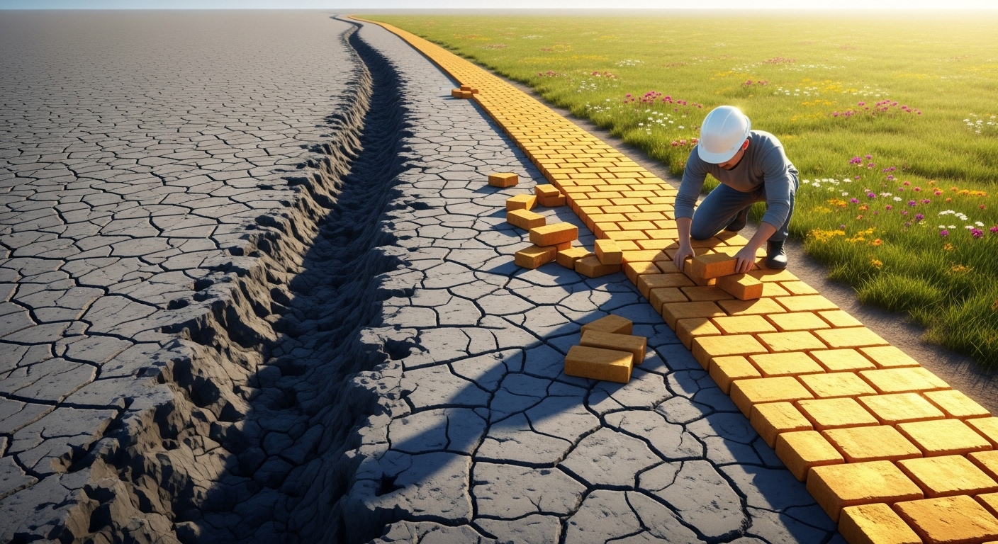 신경가소성을 비유적으로 표현한 이미지. 오래되고 어두운 나쁜 습관의 길 옆에, 한 사람이 새롭고 밝은 좋은 습관의 길을 만들고 있으며, 새 길이 점점 더 선명해지고 있습니다.