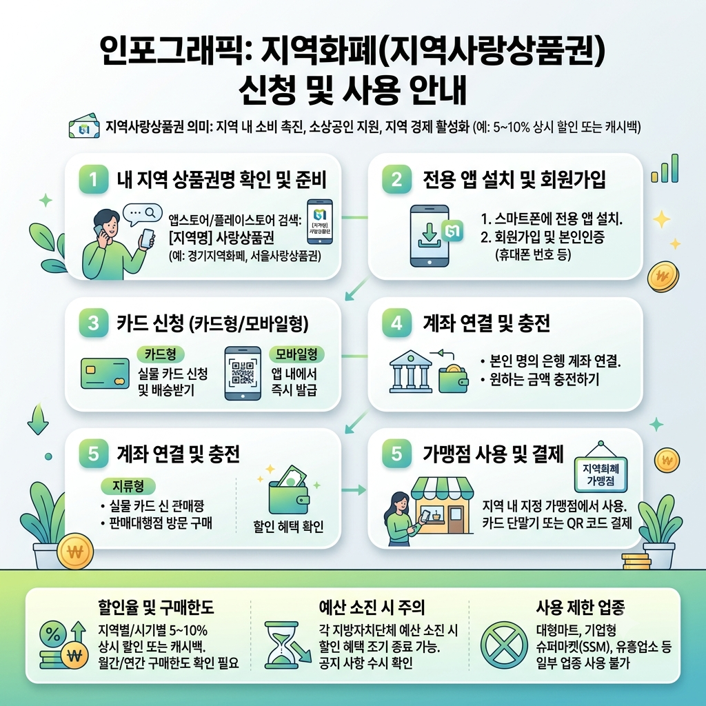 지역화폐 신청방법 총정리｜지역사랑상품권 카드&middot;모바일&middot;지류 신청 절차 인포그래픽