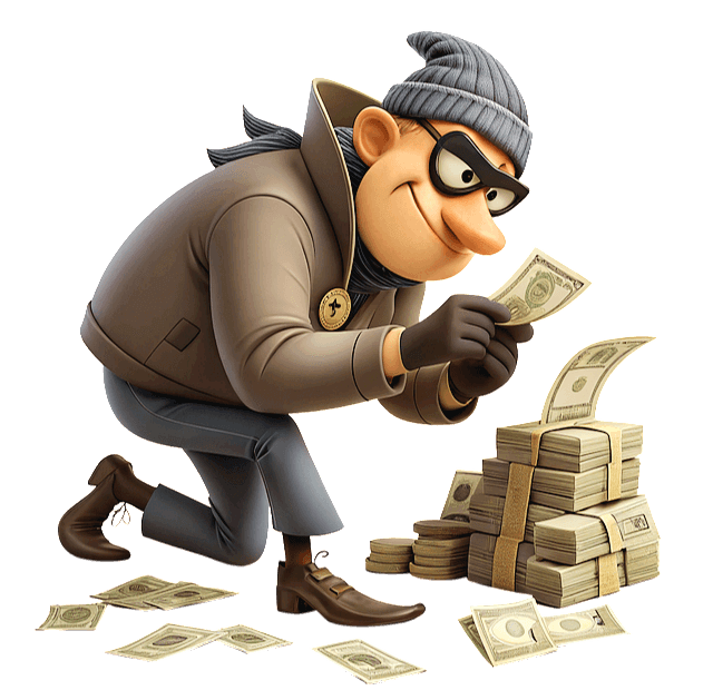 사기꾼 남자가 구부린 채 지폐를 들고 있다. 주변에는 지폐뭉치가 가득하다.