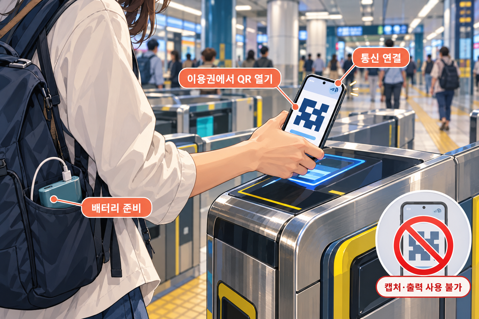 전철 개찰구에서 스마트폰 이용권 QR을 제시하고 통신 연결과 배터리를 챙기는 장면