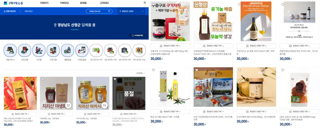 고향사랑e음 사이트 화면