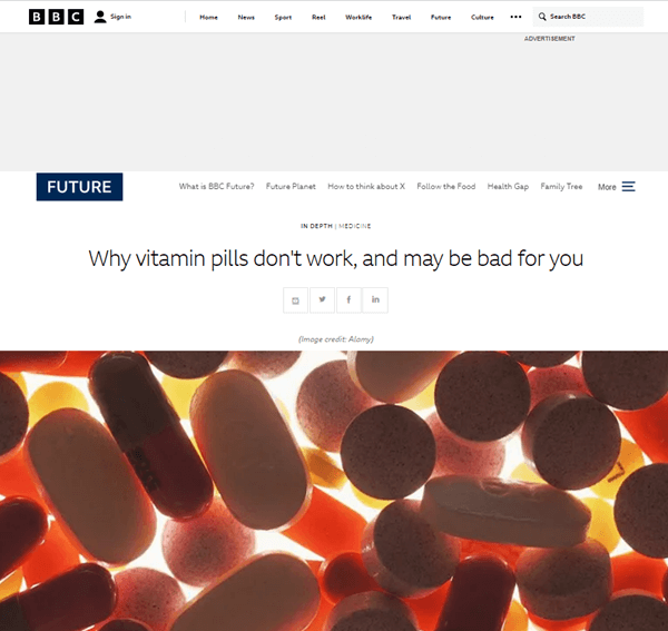 &lt;&lt;BBC Future&gt;&gt; 에서 발표한 &quot;Why vitamin pills don&#39;t work&#44; and may be bad for you&quot; 기사 표지