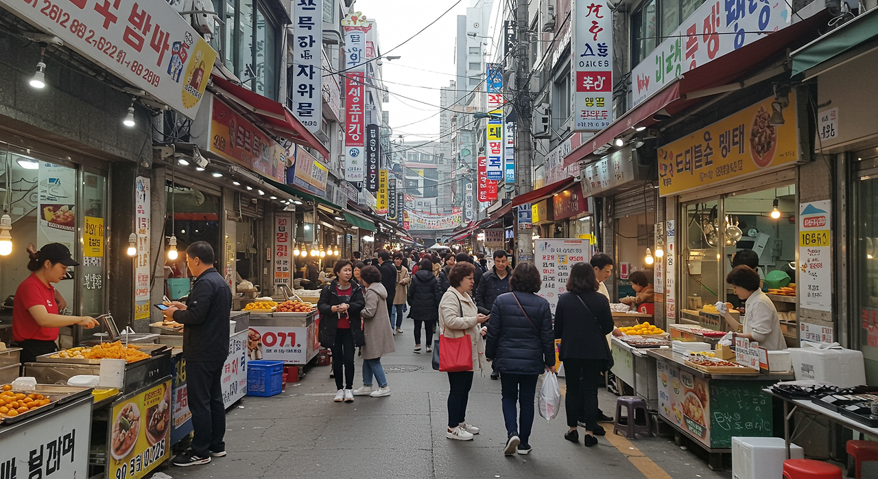 소상공인들이 모바일 결제 시스템을 사용하는 한국의 활기찬 거리 시장