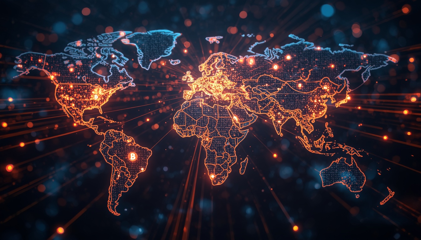 A holographic world map displaying global digital asset tokenization and central bank currency flows.