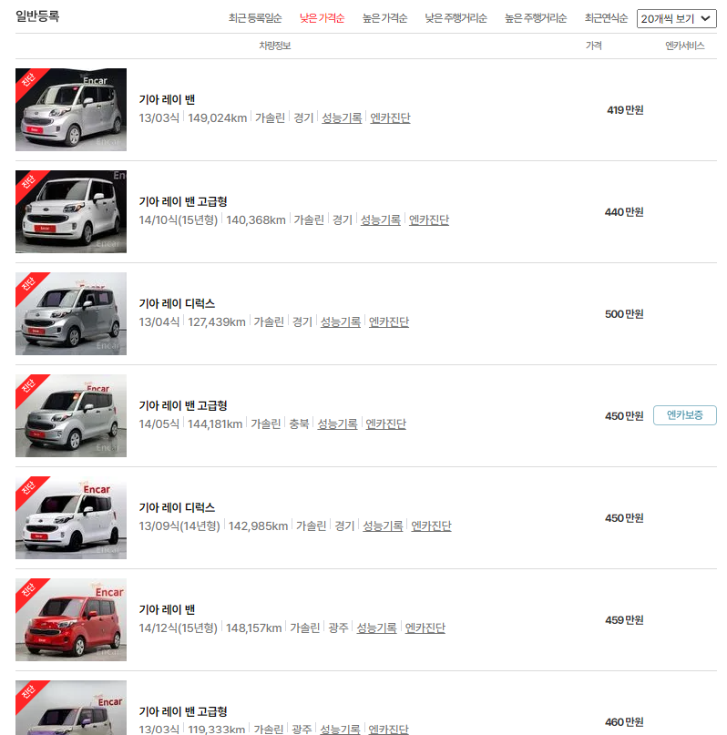 엔카에서 좋은 중고차 찾기 낮은가격순 검색