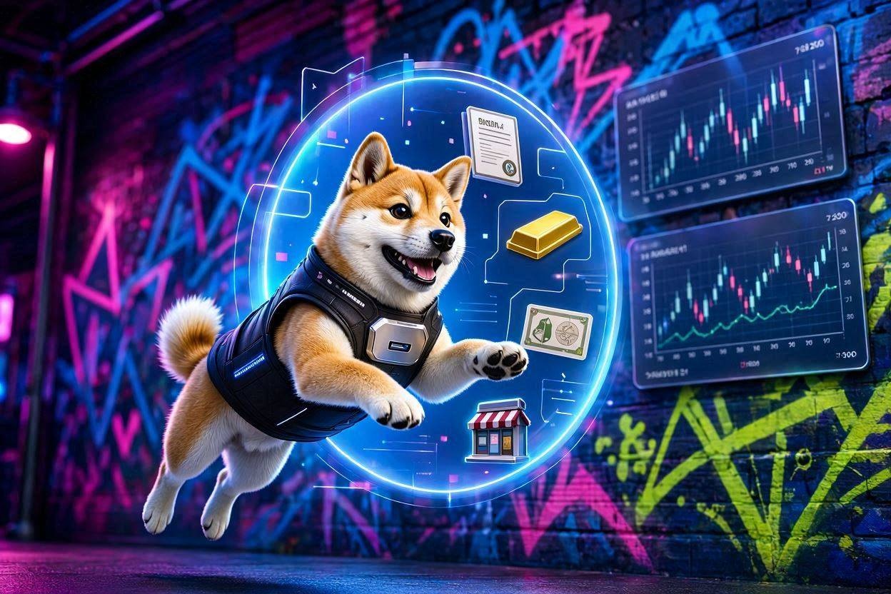 A playful dog character jumping through a digital portal into the world of asset tokenization.