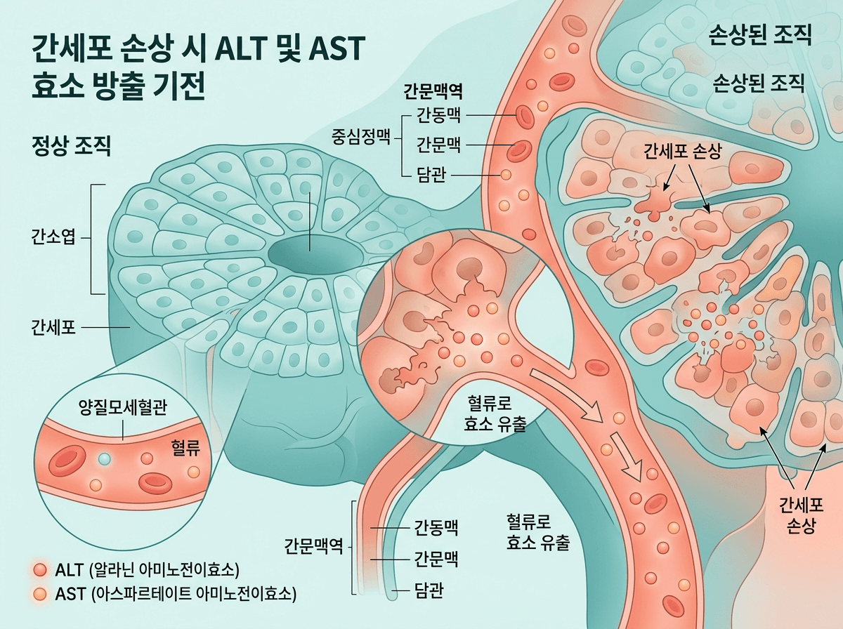 간세포 내 ALT·AST 효소가 혈액으로 유출되는 과정 일러스트