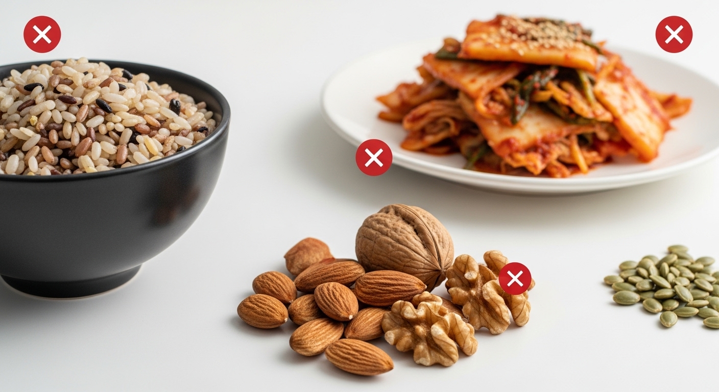 대장내시경 전 피해야 할 잡곡밥, 김치, 견과류, 씨앗 과일이 모여 있는 모습