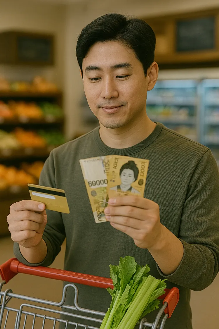 민생회복지원금 사용이 안되는 마트에서 남자가 결제하고 있다.