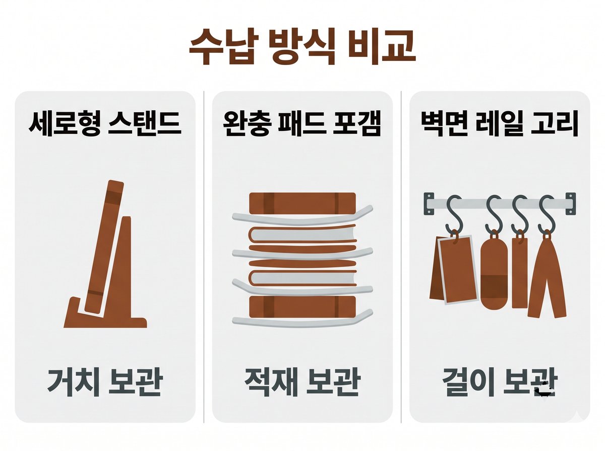 세로형 스탠드 완충 패드 포갬 벽면 레일 고리 수납 방식 비교