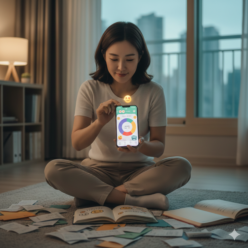 바닥에 앉아 흰 티셔츠와 베이지 팬츠를 입은 젊은 여성이 스마트폰을 들고 미소 짓고 있다. 화면에 색색의 원형 감정 차트와 웃는 얼굴 이모지가 떠 있고, 주변에 감정 카드(스트레스, 죄책감 등)가 흩어져 있다. 창밖으로 도시가 보이고 램프가 켜진 따뜻한 실내에서 마음챙김 또는 감정 일기 앱을 사용하는 평화로운 장면.