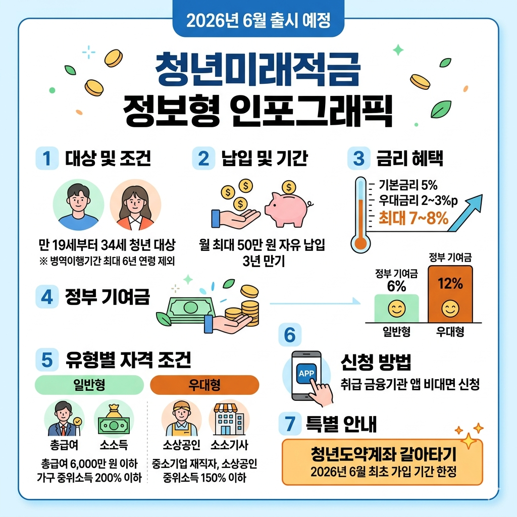 청년미래적금 신청 방법 2026년 6월 출시·가입조건·금리·정부기여금 인포그래픽