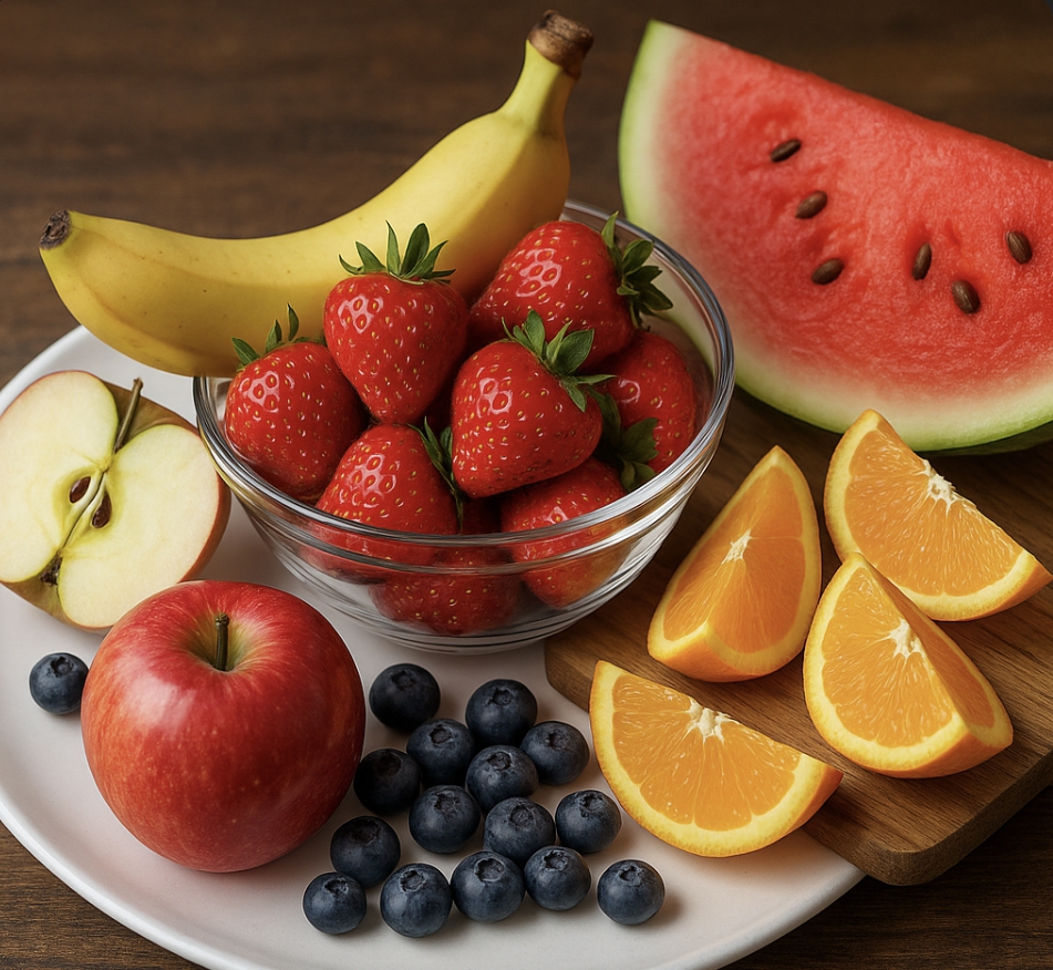 수박, 바나나, 사과, 블루베리, 딸기, 오렌지가 접시에 놓여져있는 사진