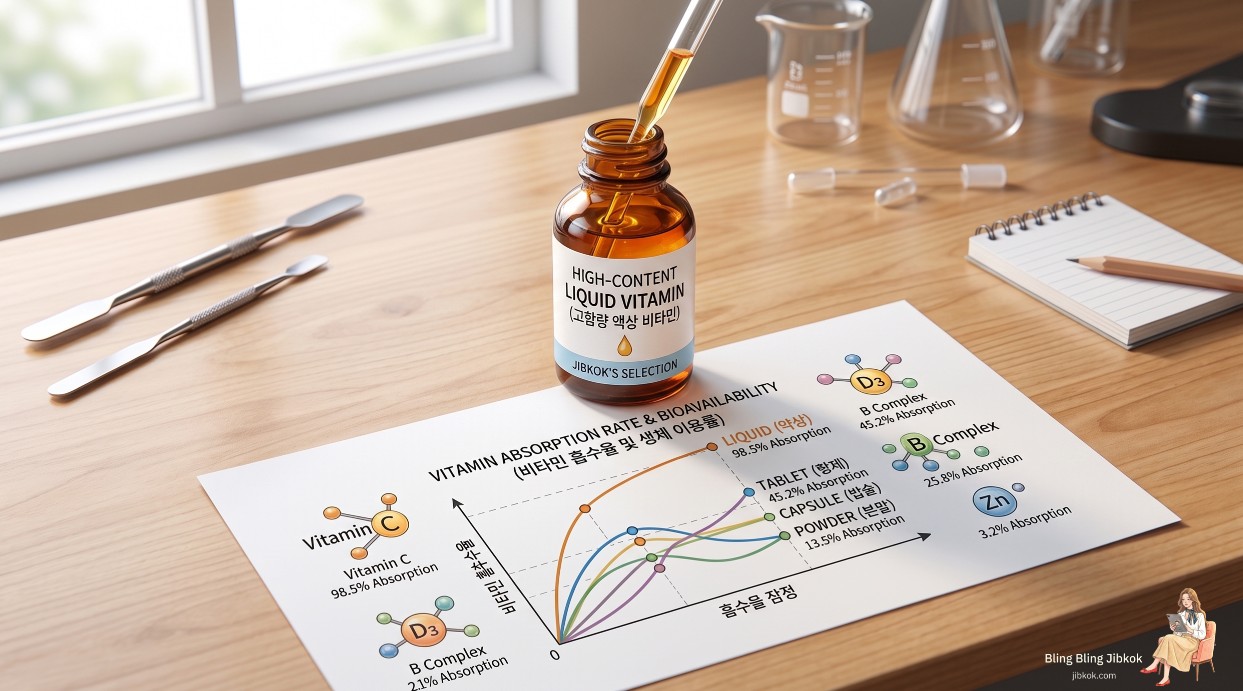 깔끔한 연구실 테이블 위에 놓인 고함량 액상 비타민과 성분 분석 그래프 일러스트 (minimalist illustration of liquid vitamin bottle with nutrient analysis charts)